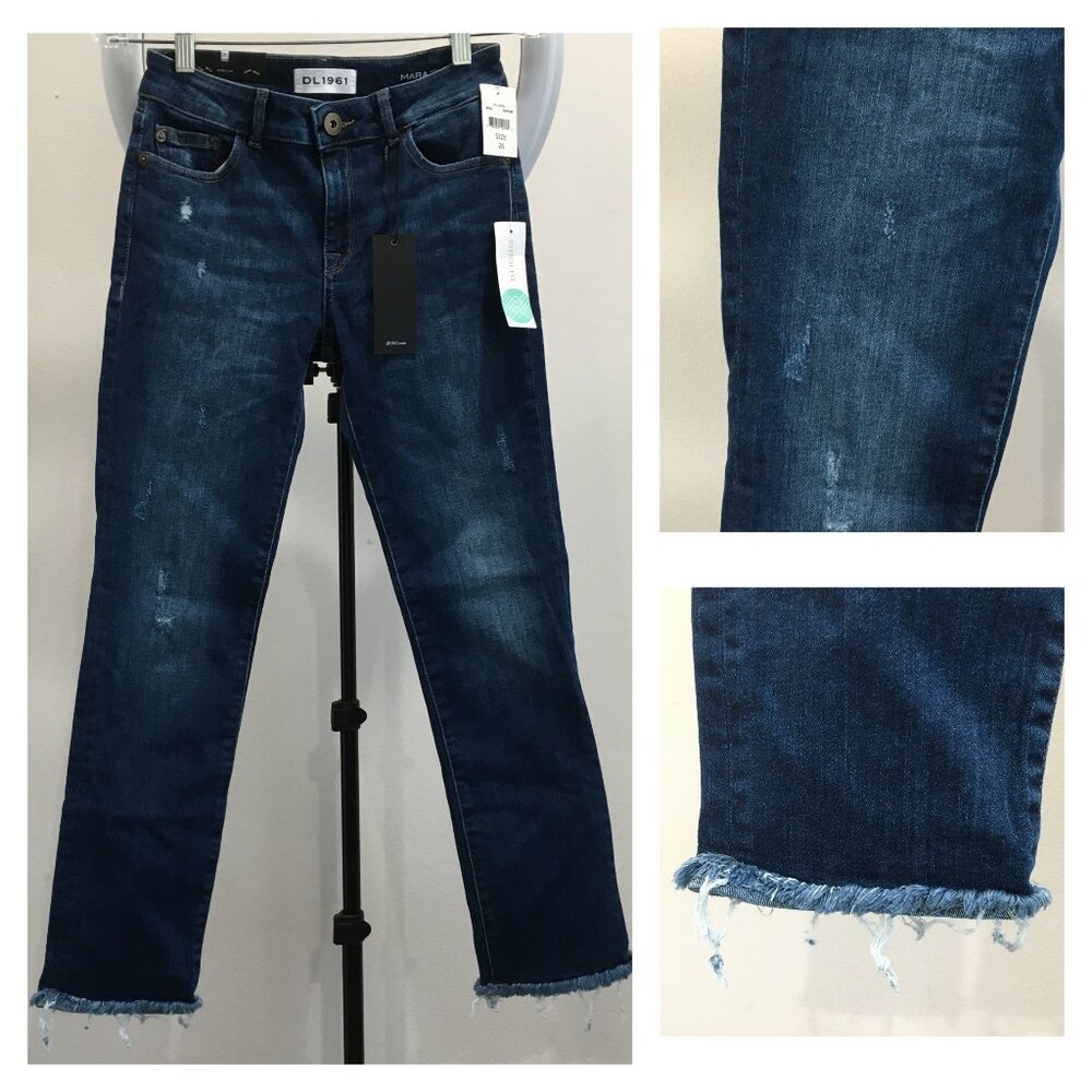 NWT DL1961 Ravine Wash Smart Denim MARA Straight Ankle Fray Hem Distressed Jeans